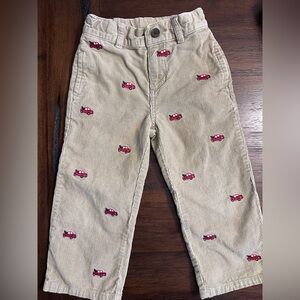 Kids Tan Corduroy pants with Christmas tree/truck embroidery.